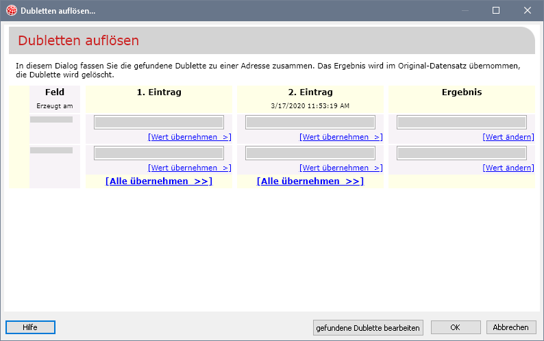 Dubletten: Auflösungsdialog -